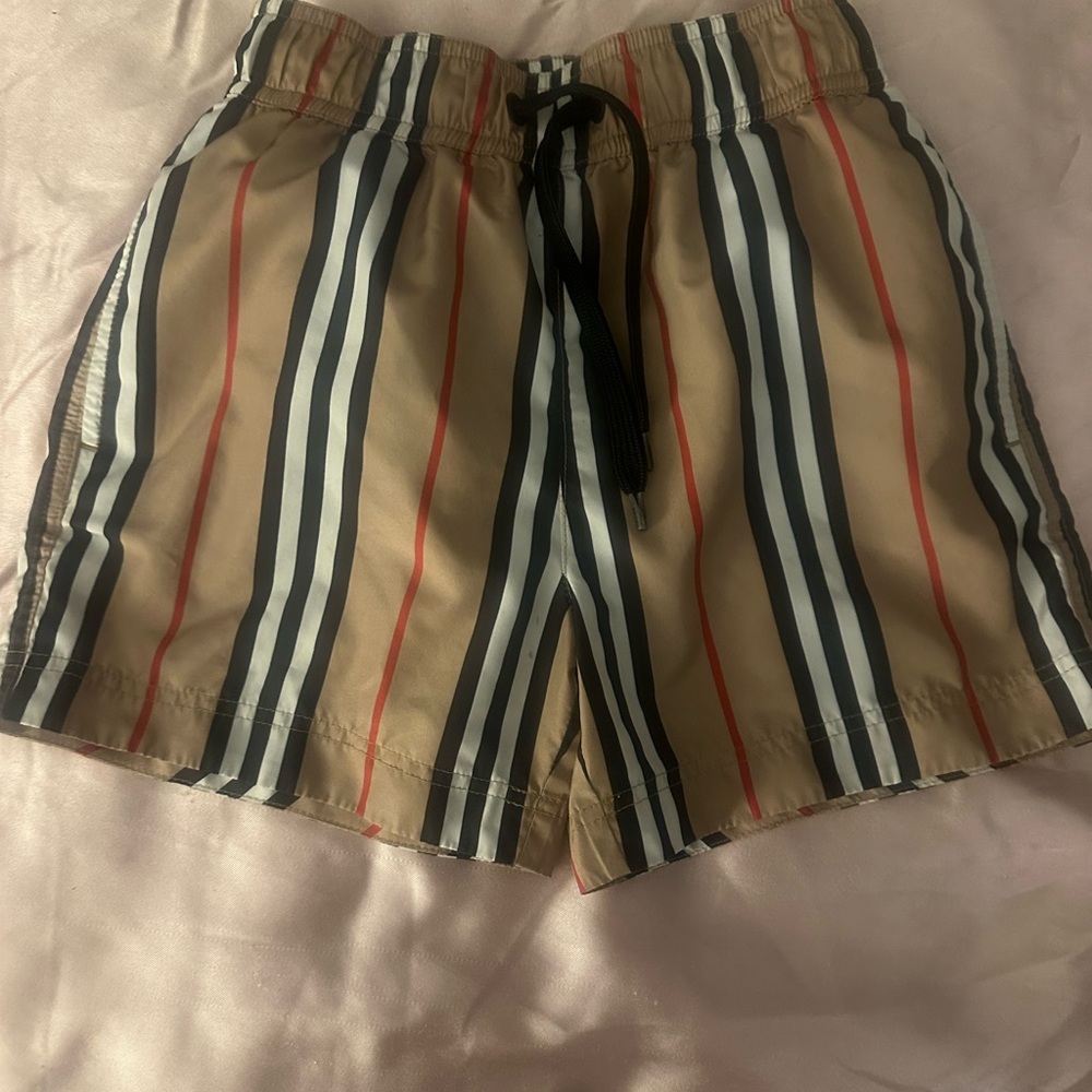 Burberry Kids Swim Trunks - Tan, Black, Red Stripes